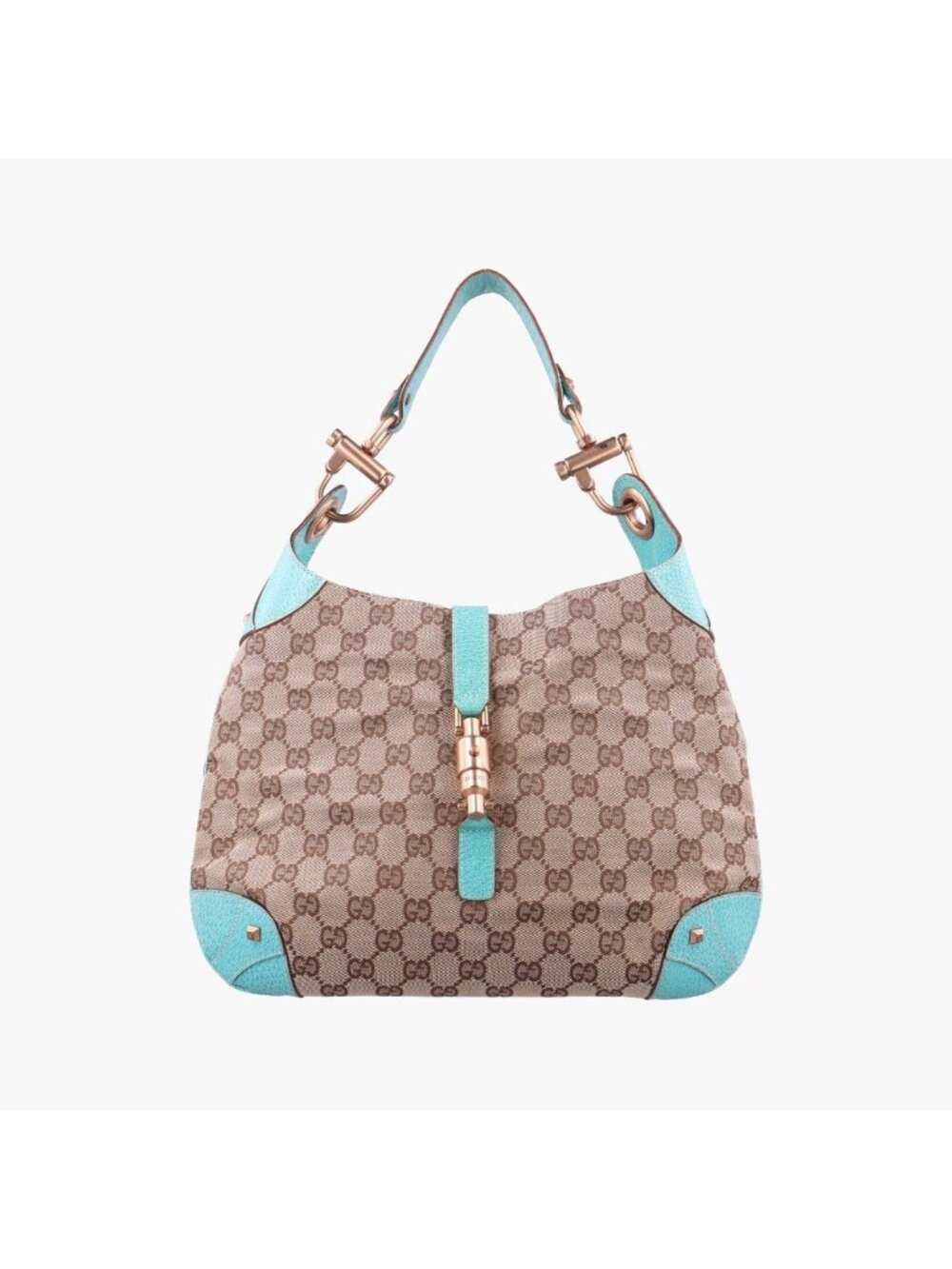 Gucci New Jackie Khaki Blue Canvas Leather Shoulder Bag